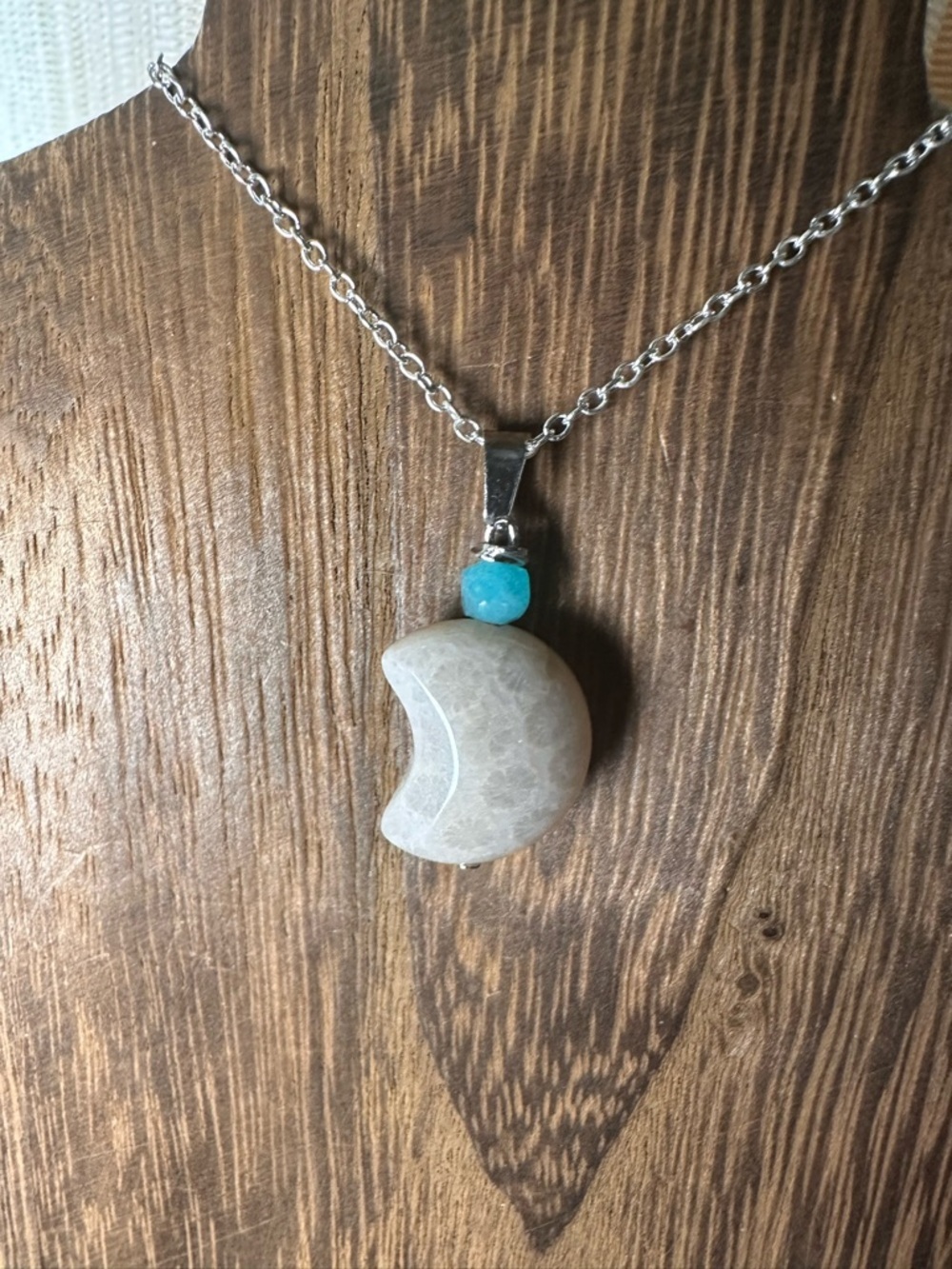 Small Coral Fossil Crescent Moon Charm Pendant Necklace, Amazonite and Silver